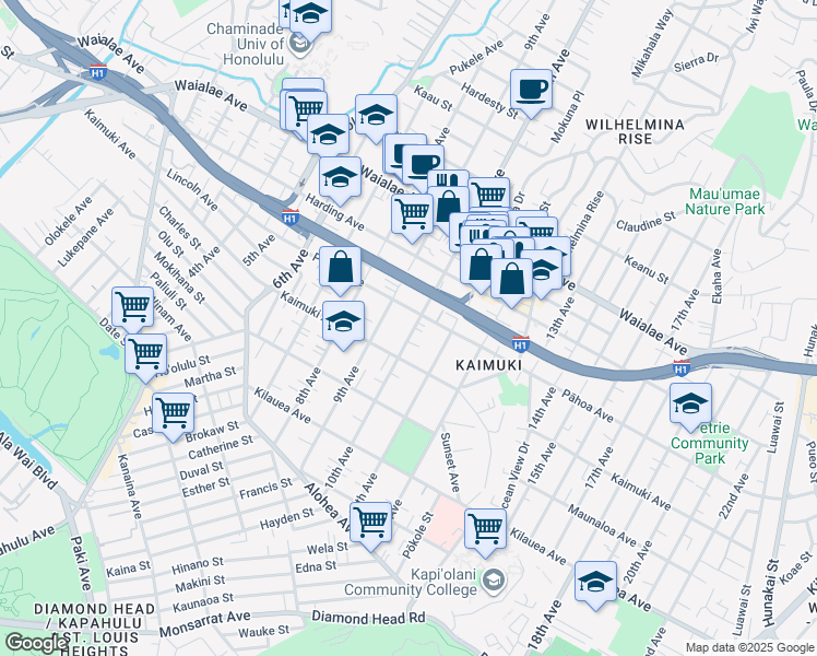 map of restaurants, bars, coffee shops, grocery stores, and more near 957 10th Avenue in Honolulu