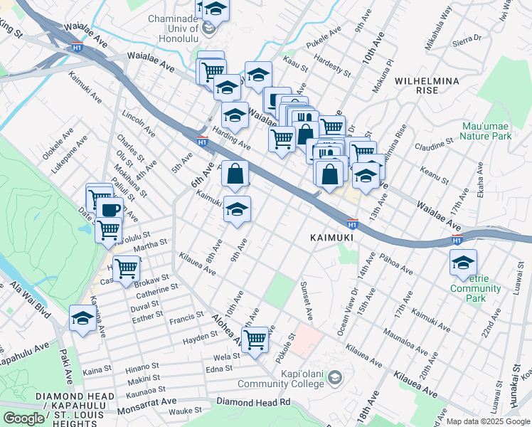 map of restaurants, bars, coffee shops, grocery stores, and more near 925 9th Avenue in Honolulu