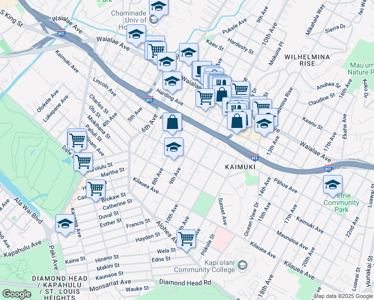 map of restaurants, bars, coffee shops, grocery stores, and more near 925 9th Avenue in Honolulu