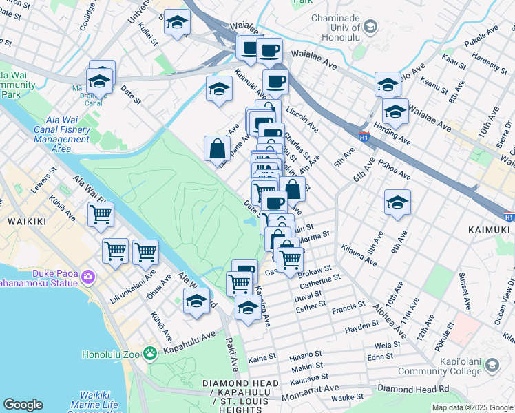 map of restaurants, bars, coffee shops, grocery stores, and more near 709A Palani Avenue in Honolulu