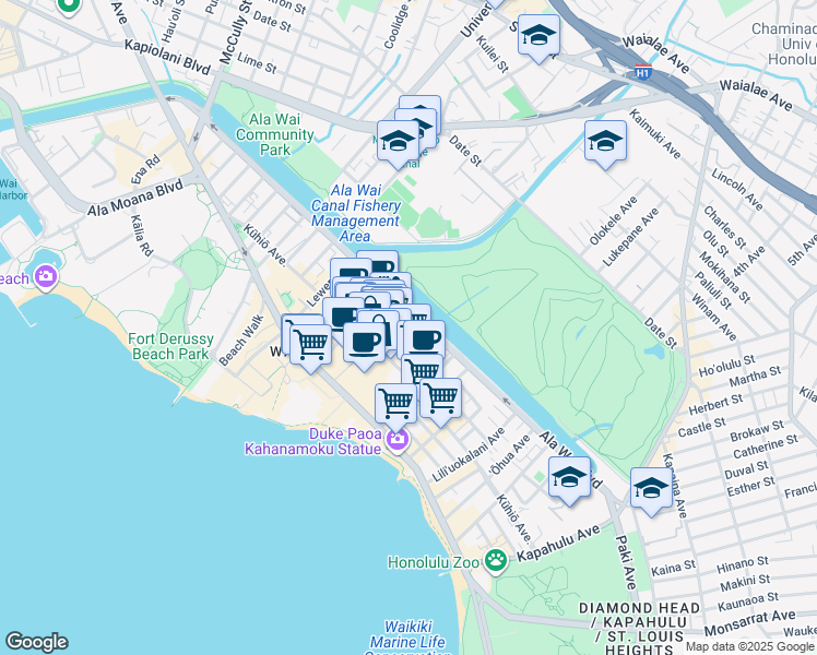 map of restaurants, bars, coffee shops, grocery stores, and more near 445 Nohonani Street in Honolulu