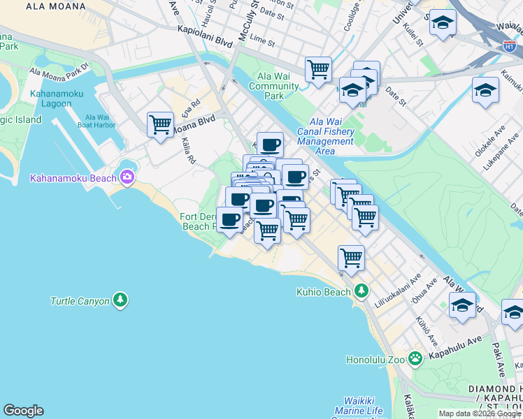 map of restaurants, bars, coffee shops, grocery stores, and more near 253 Beach Walk in Honolulu