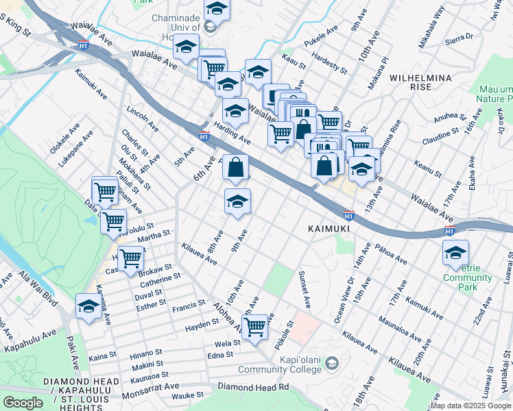 map of restaurants, bars, coffee shops, grocery stores, and more near 925 9th Avenue in Honolulu