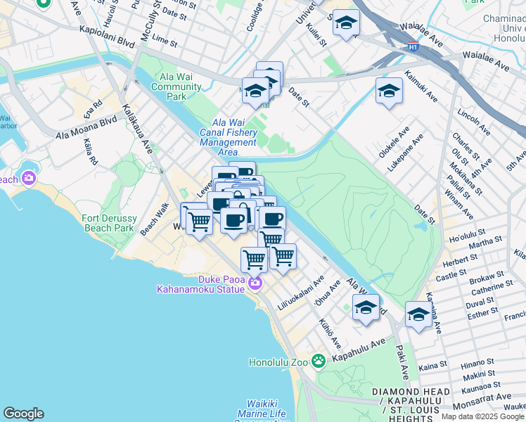 map of restaurants, bars, coffee shops, grocery stores, and more near 445 Nohonani Street in Honolulu