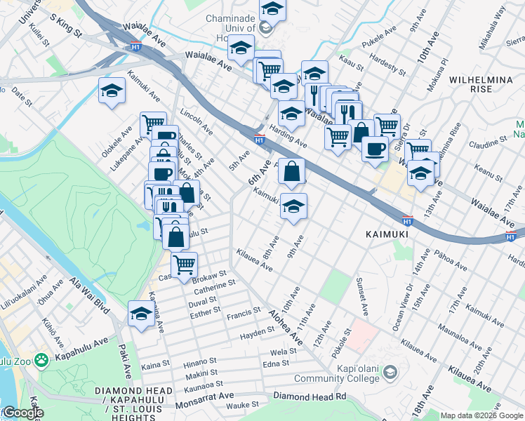 map of restaurants, bars, coffee shops, grocery stores, and more near 847 7th Avenue in Honolulu
