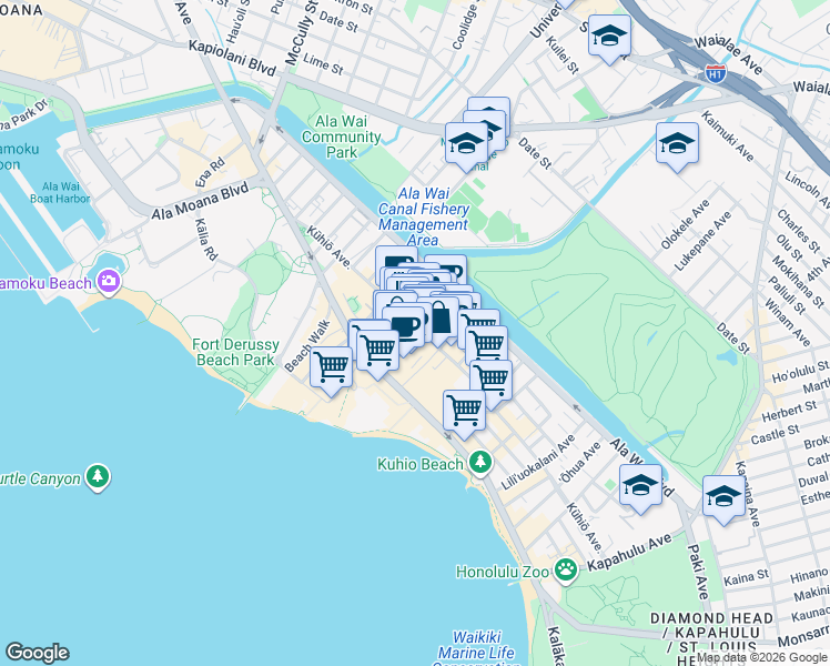 map of restaurants, bars, coffee shops, grocery stores, and more near 2255 Kūhiō Avenue in Honolulu