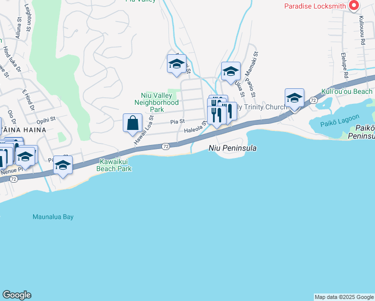 map of restaurants, bars, coffee shops, grocery stores, and more near 5647 Kalanianaʻole Highway in Honolulu