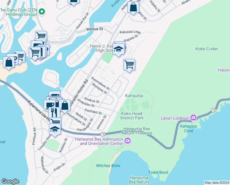 map of restaurants, bars, coffee shops, grocery stores, and more near 489 Kaumakani Street in Honolulu