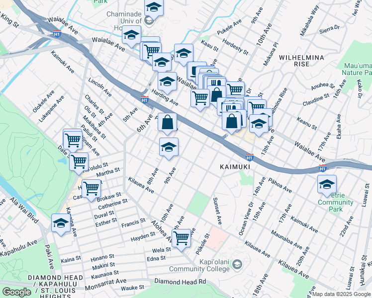 map of restaurants, bars, coffee shops, grocery stores, and more near 925 9th Avenue in Honolulu