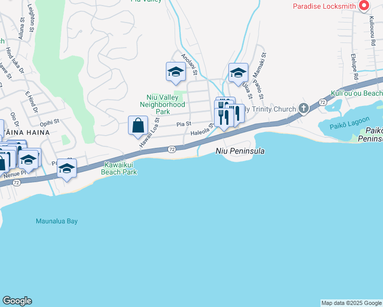 map of restaurants, bars, coffee shops, grocery stores, and more near 5647 Kalanianaʻole Highway in Honolulu