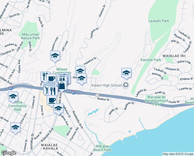 map of restaurants, bars, coffee shops, grocery stores, and more near 4504 Malia Street in Honolulu