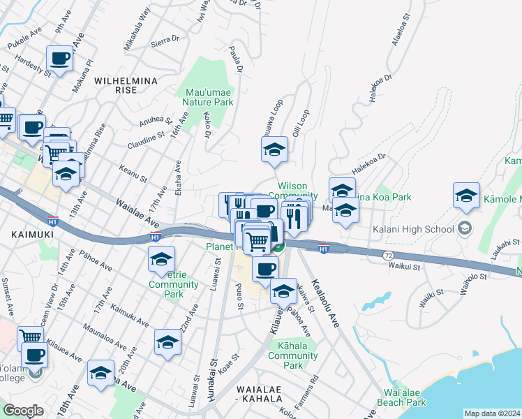 map of restaurants, bars, coffee shops, grocery stores, and more near 4185 Keanu Street in Honolulu