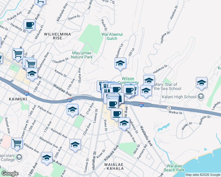 map of restaurants, bars, coffee shops, grocery stores, and more near 4185 Keanu Street in Honolulu