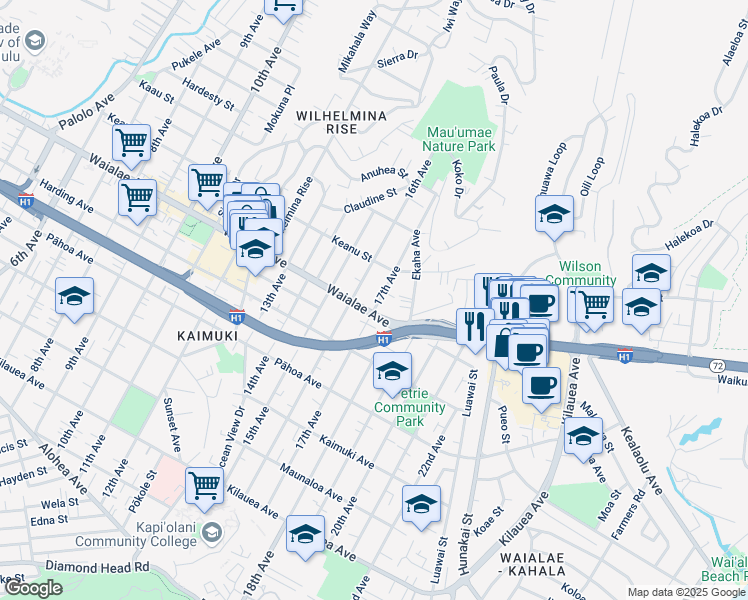 map of restaurants, bars, coffee shops, grocery stores, and more near 1237 17th Avenue in Honolulu