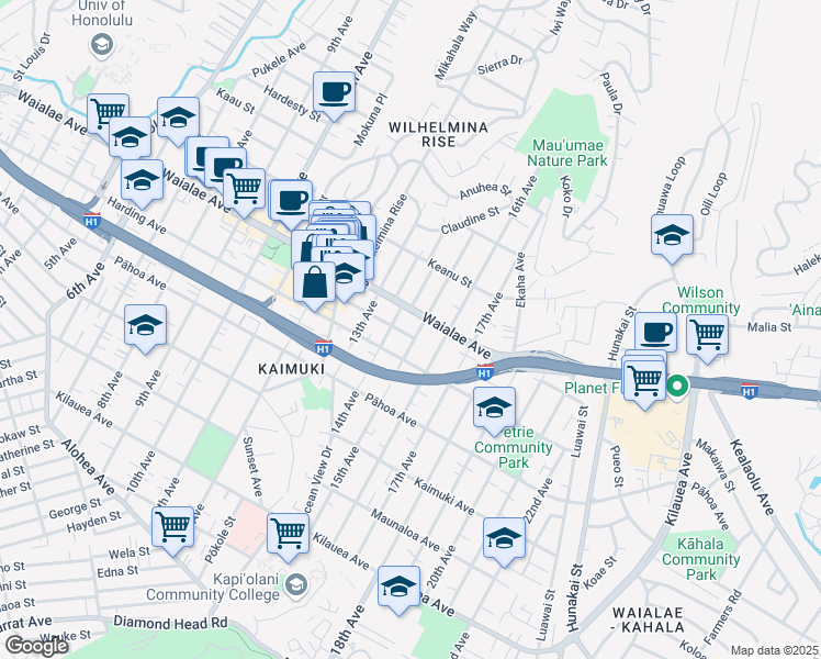 map of restaurants, bars, coffee shops, grocery stores, and more near 1148 15th Avenue in Honolulu