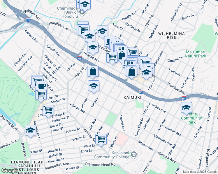 map of restaurants, bars, coffee shops, grocery stores, and more near 925 9th Avenue in Honolulu