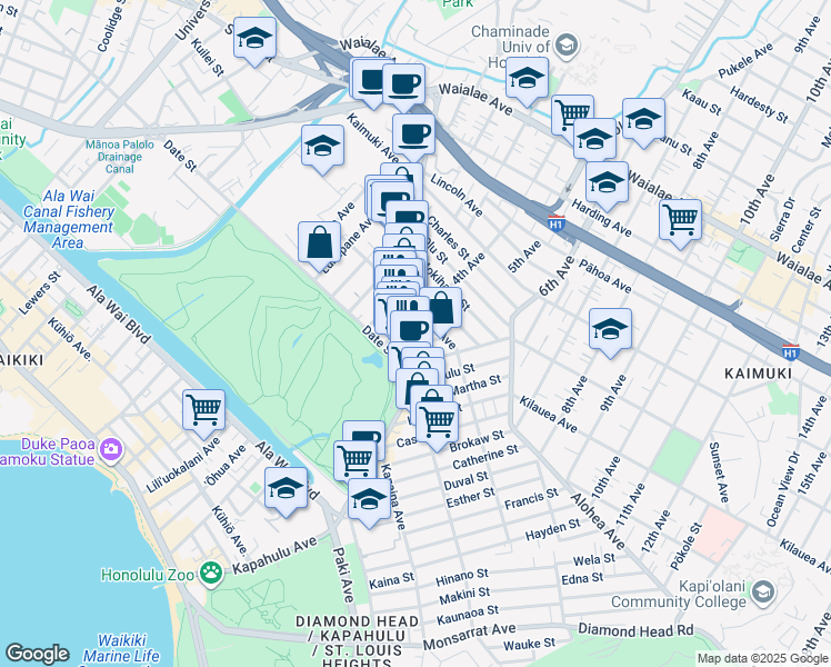 map of restaurants, bars, coffee shops, grocery stores, and more near 3117a Hunter Street in Honolulu
