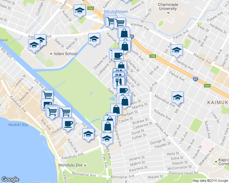 map of restaurants, bars, coffee shops, grocery stores, and more near 709A Palani Avenue in Honolulu