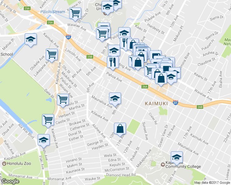 map of restaurants, bars, coffee shops, grocery stores, and more near 903 8th Avenue in Honolulu
