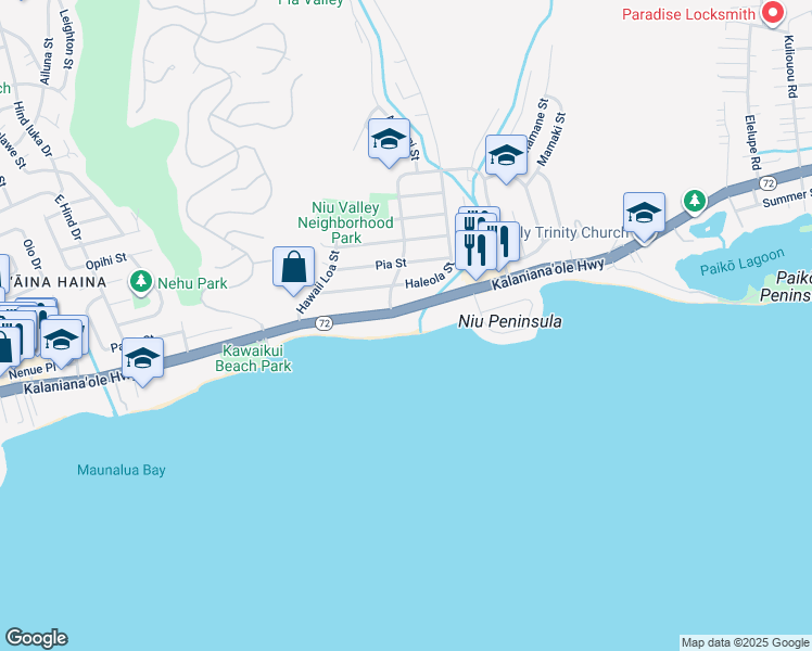 map of restaurants, bars, coffee shops, grocery stores, and more near 5647 Kalanianaʻole Highway in Honolulu