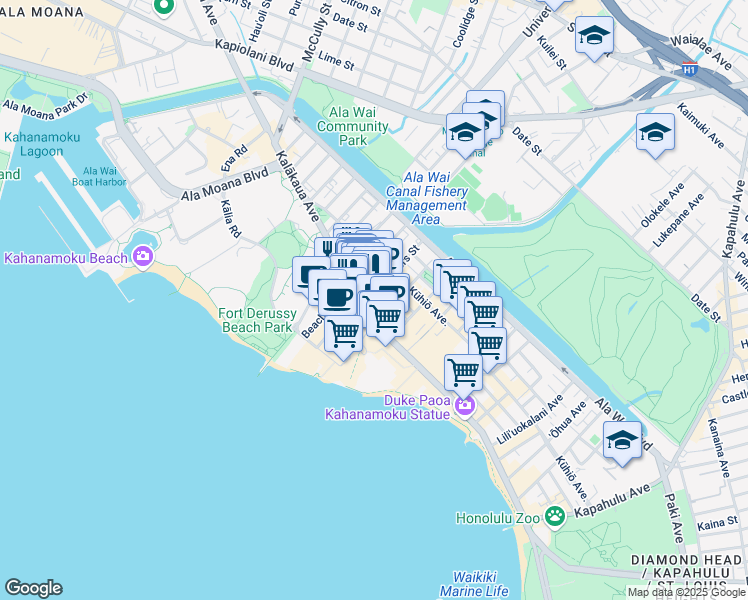 map of restaurants, bars, coffee shops, grocery stores, and more near 240 Lewers Street in Honolulu