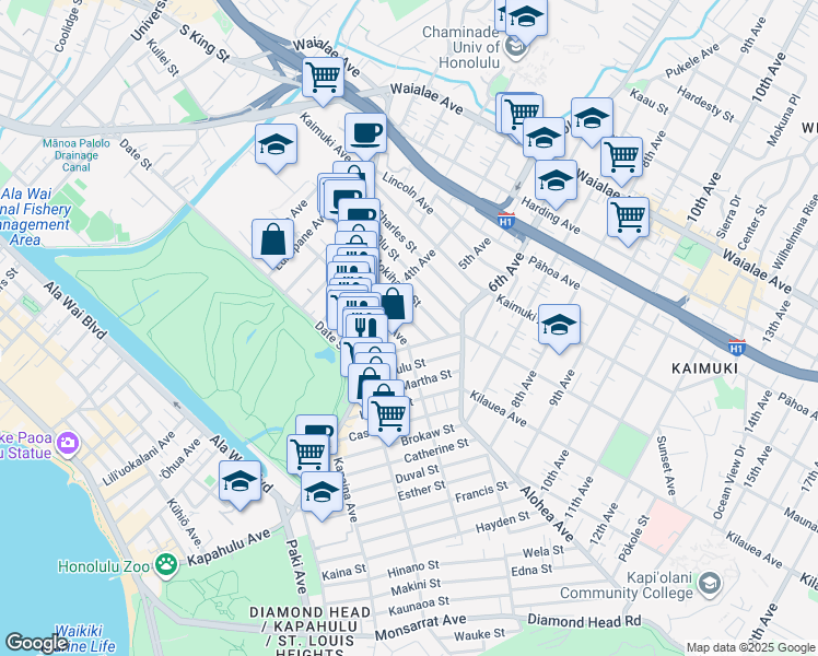 map of restaurants, bars, coffee shops, grocery stores, and more near 3245 Paliuli Street in Honolulu