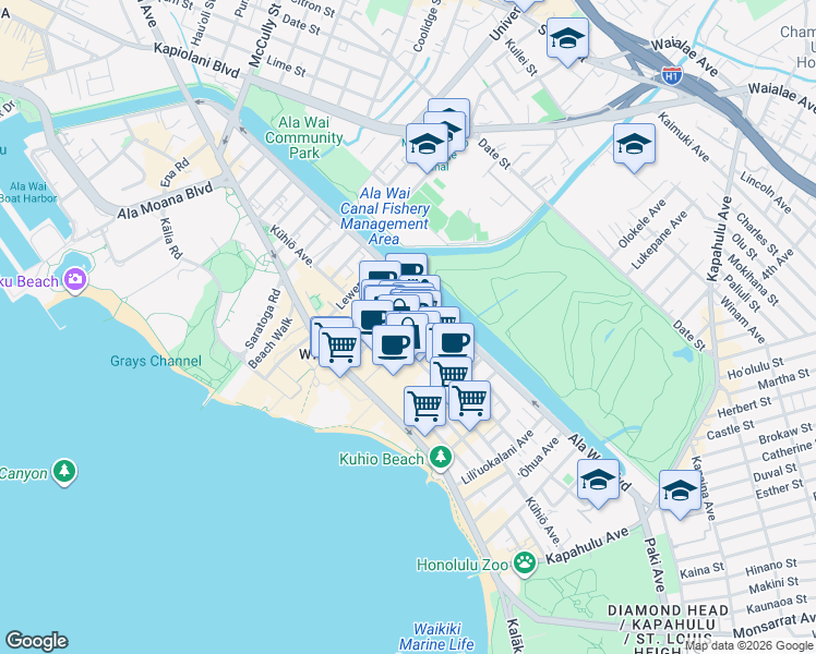 map of restaurants, bars, coffee shops, grocery stores, and more near 445 Nohonani Street in Honolulu