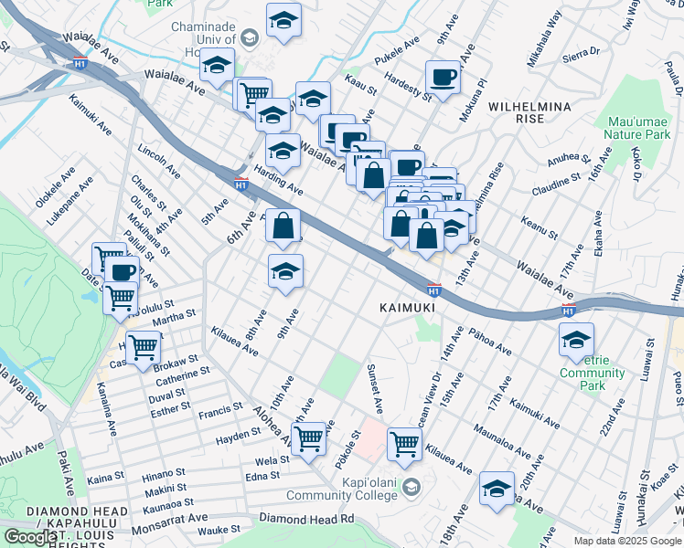map of restaurants, bars, coffee shops, grocery stores, and more near 957 10th Avenue in Honolulu