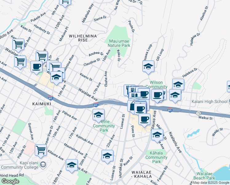 map of restaurants, bars, coffee shops, grocery stores, and more near 4063 Keanu Street in Honolulu