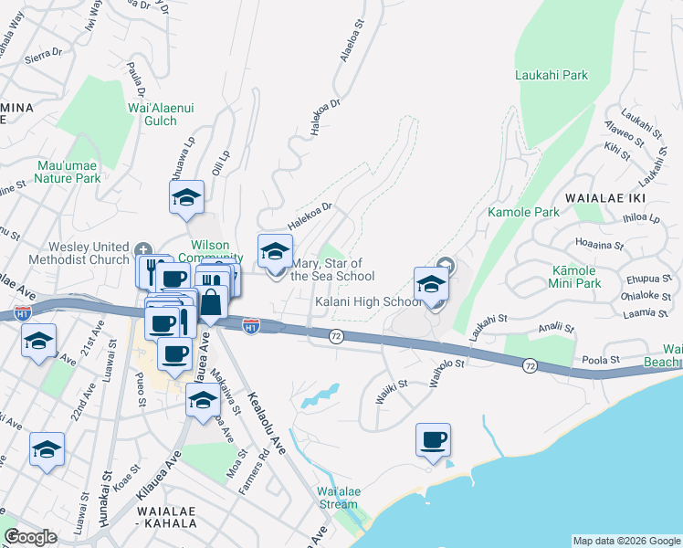 map of restaurants, bars, coffee shops, grocery stores, and more near 4549 Malia Street in Honolulu