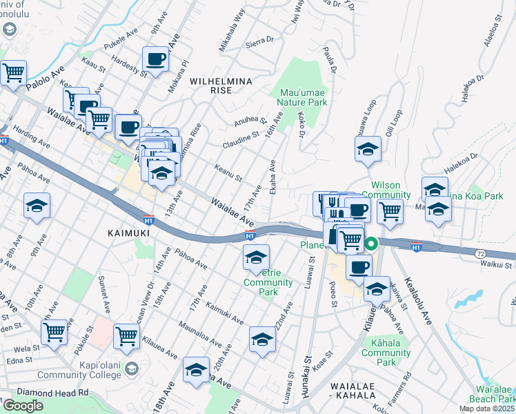 map of restaurants, bars, coffee shops, grocery stores, and more near 1237 17th Avenue in Honolulu