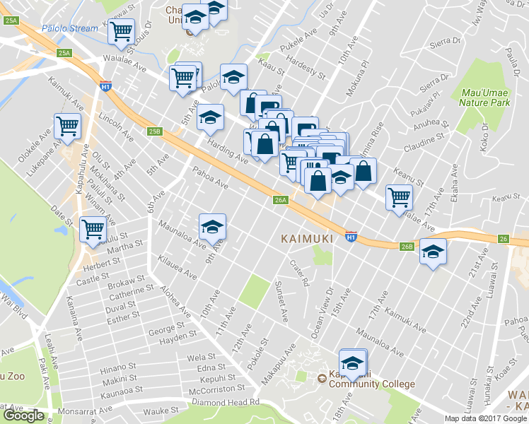map of restaurants, bars, coffee shops, grocery stores, and more near 957 10th Avenue in Honolulu