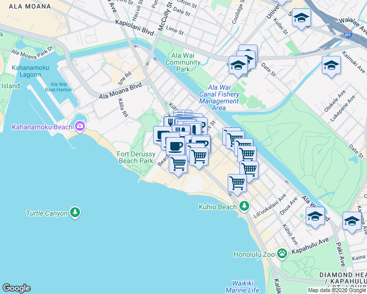 map of restaurants, bars, coffee shops, grocery stores, and more near in Honolulu