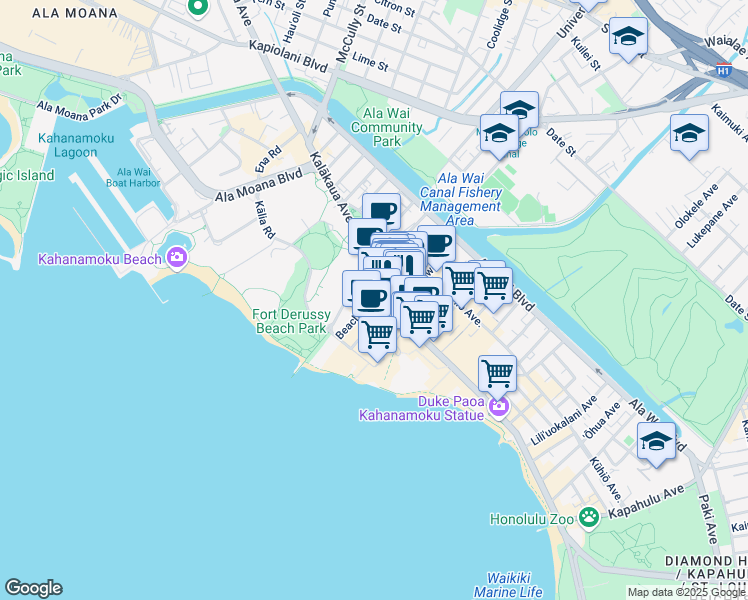 map of restaurants, bars, coffee shops, grocery stores, and more near 240 Lewers Street in Honolulu