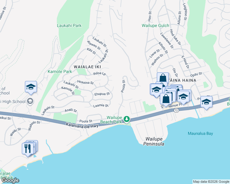 map of restaurants, bars, coffee shops, grocery stores, and more near 1505 Ohialoke Street in Honolulu