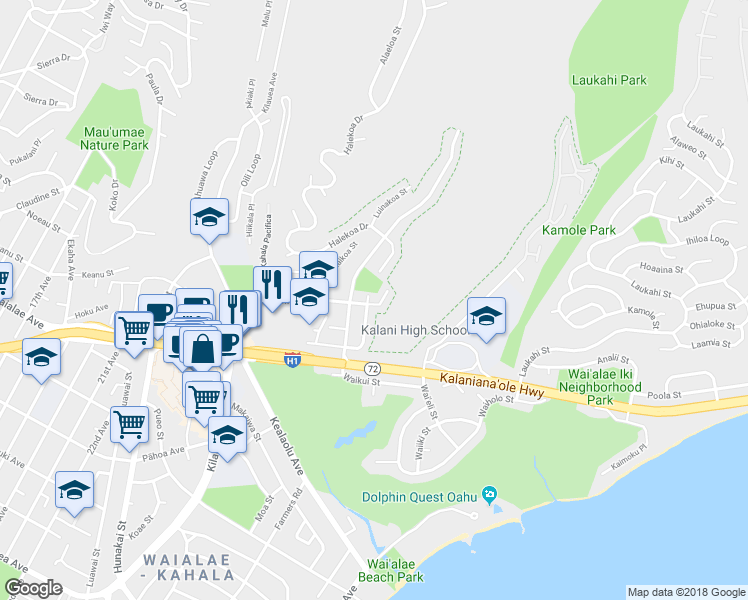 map of restaurants, bars, coffee shops, grocery stores, and more near 4504 Malia Street in Honolulu