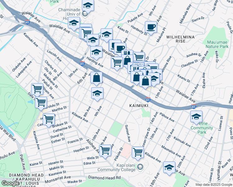 map of restaurants, bars, coffee shops, grocery stores, and more near 957 10th Avenue in Honolulu