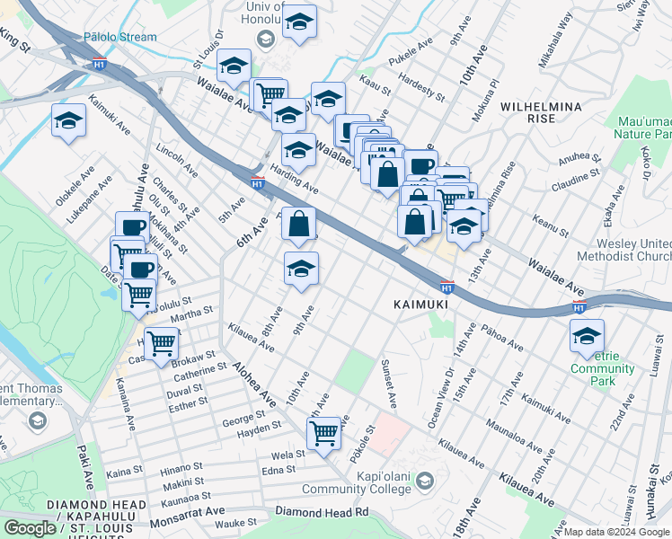 map of restaurants, bars, coffee shops, grocery stores, and more near 925 9th Avenue in Honolulu