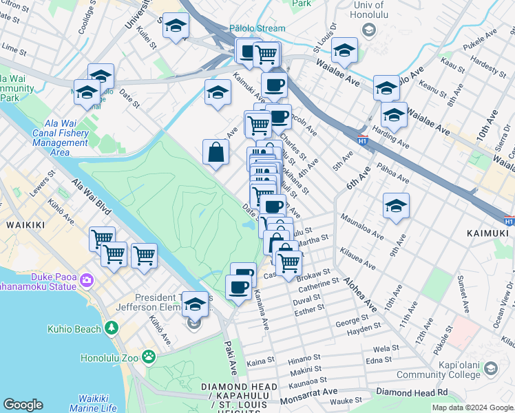 map of restaurants, bars, coffee shops, grocery stores, and more near 709A Palani Avenue in Honolulu