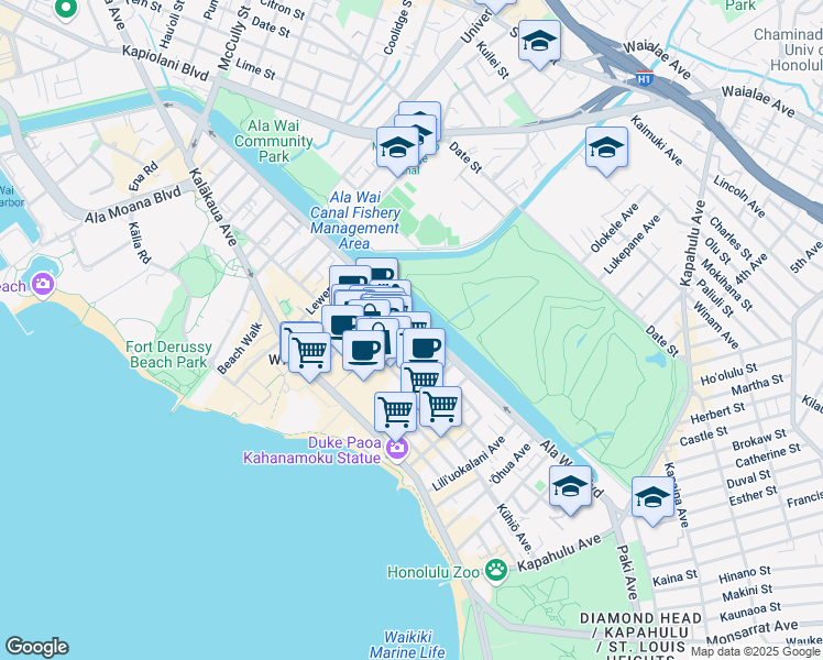 map of restaurants, bars, coffee shops, grocery stores, and more near 445 Nohonani Street in Honolulu