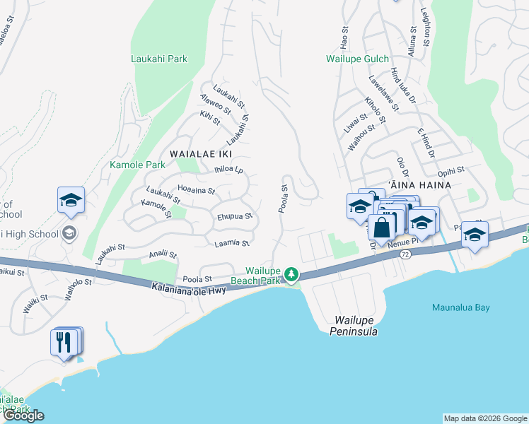 map of restaurants, bars, coffee shops, grocery stores, and more near 1505 Ohialoke Street in Honolulu
