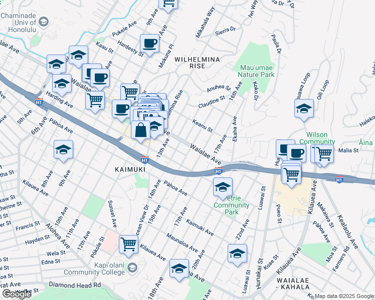 map of restaurants, bars, coffee shops, grocery stores, and more near 1148 15th Avenue in Honolulu