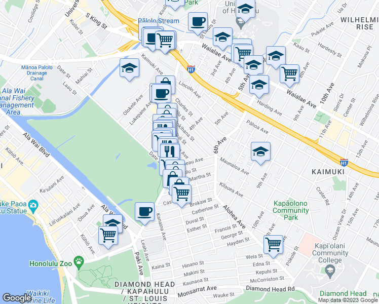 map of restaurants, bars, coffee shops, grocery stores, and more near 3241 Paliuli St in Honolulu