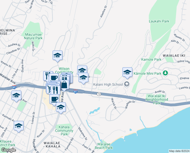 map of restaurants, bars, coffee shops, grocery stores, and more near 4504 Malia Street in Honolulu