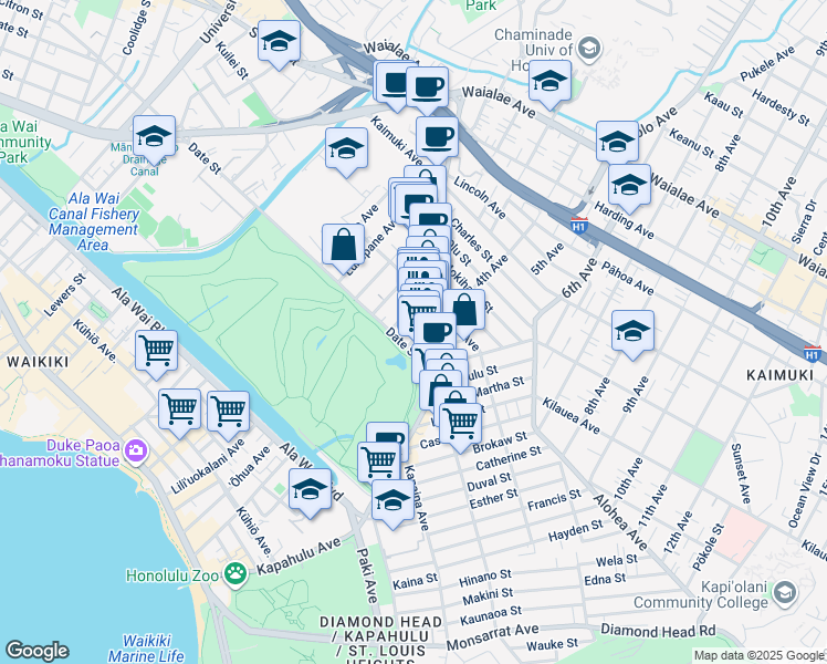 map of restaurants, bars, coffee shops, grocery stores, and more near 709A Palani Avenue in Honolulu