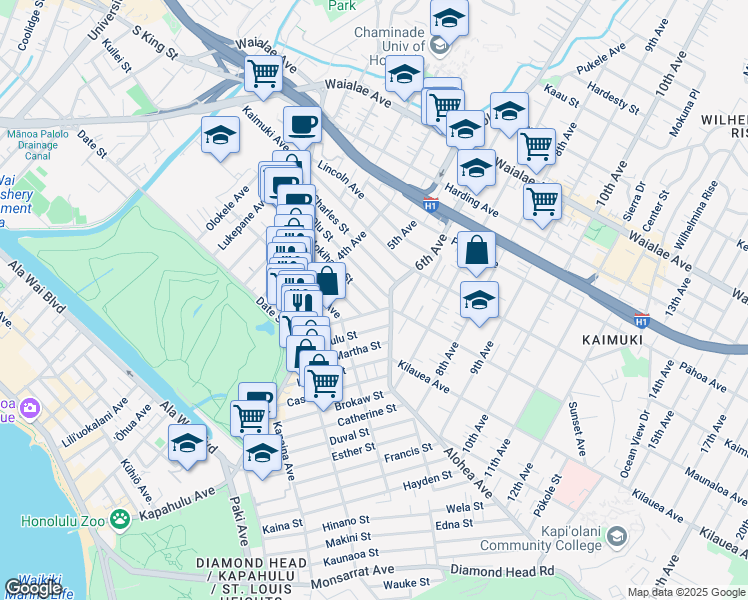 map of restaurants, bars, coffee shops, grocery stores, and more near 3278 Mokihana Street in Honolulu