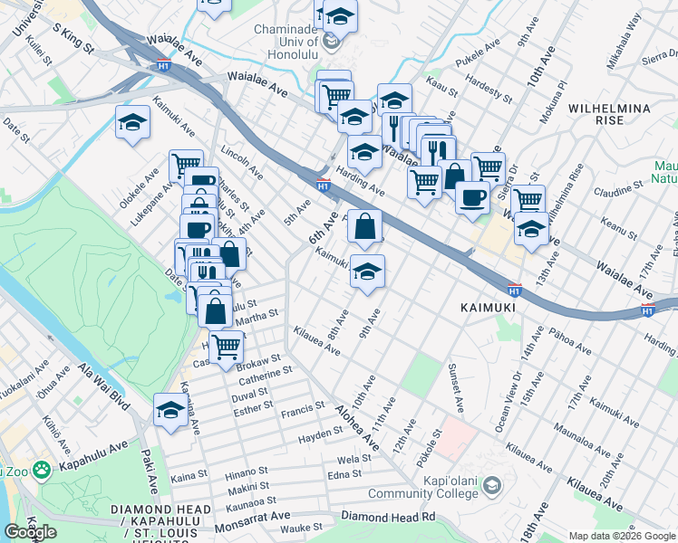 map of restaurants, bars, coffee shops, grocery stores, and more near 847 7th Avenue in Honolulu