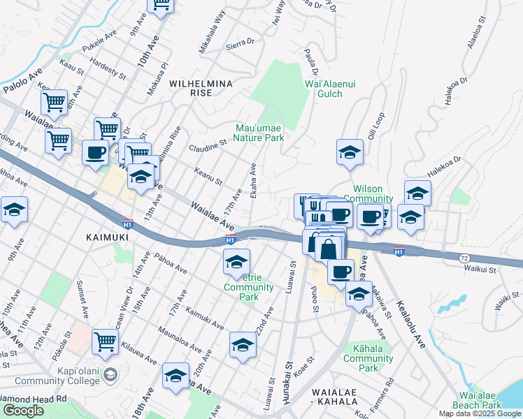 map of restaurants, bars, coffee shops, grocery stores, and more near 4023C Keanu Street in Honolulu