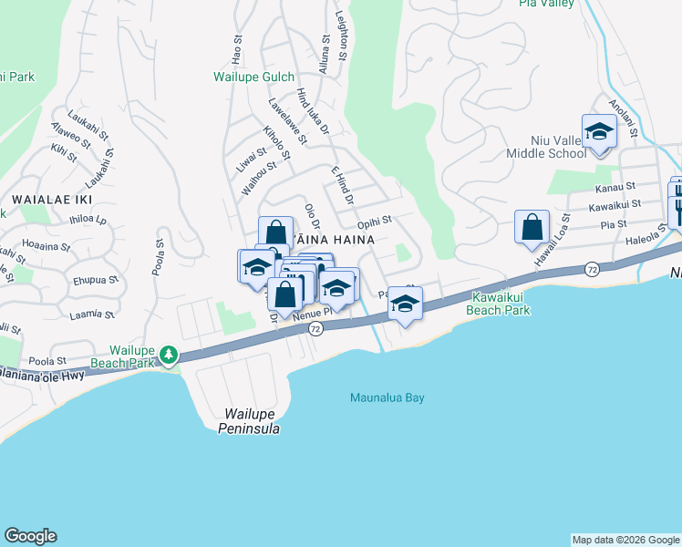 map of restaurants, bars, coffee shops, grocery stores, and more near 179 Nenue Street in Honolulu