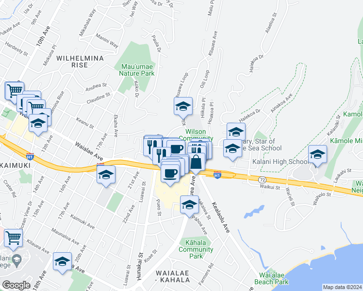map of restaurants, bars, coffee shops, grocery stores, and more near 4886 Kilauea Avenue in Honolulu